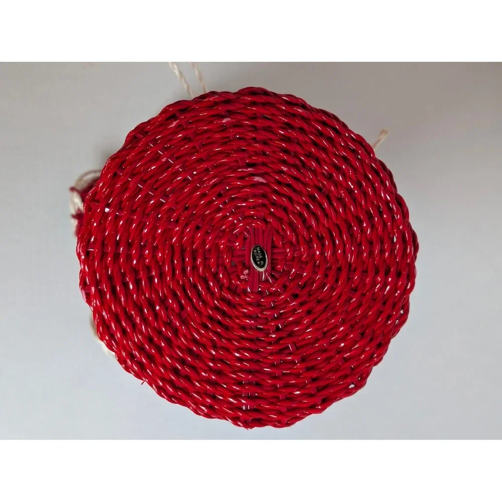 Vintage Red Wicker Basket Flower Vase Holder White Ruffled Top Bow Made in Korea